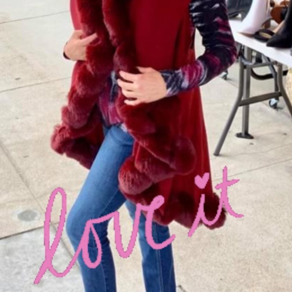 Luxury Burgundy Faux Fur Double Layer Cape Coat - Picture 12 of 13